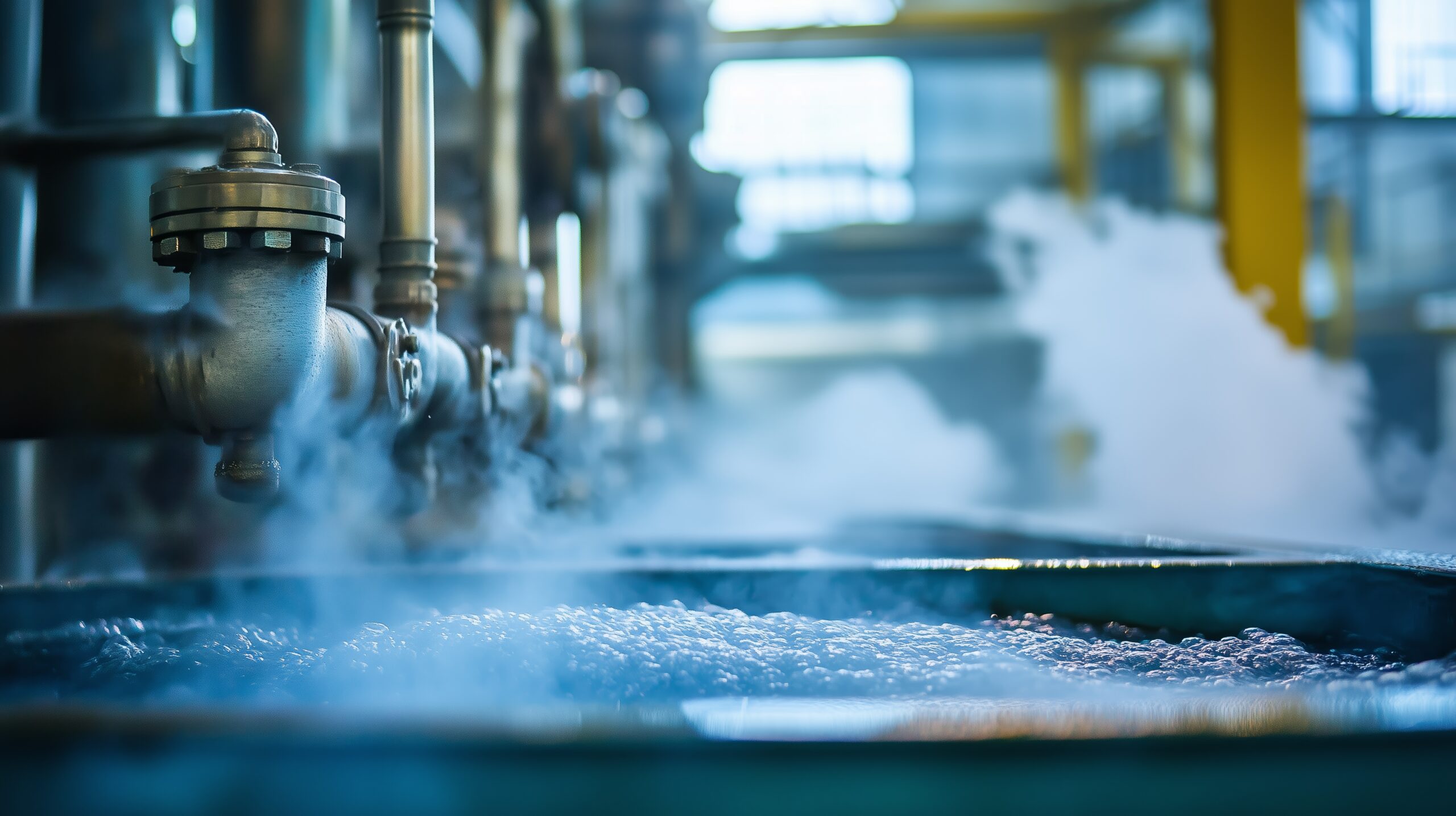 In an industrial setting, steam billows from pipes surrounding a large basin, indicating active processing. The facility is well-lit, suggesting ongoing operations.