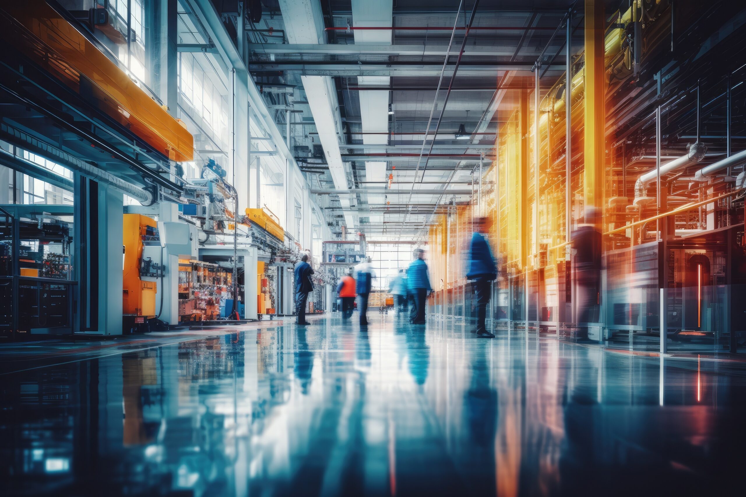 Modern industrial warehouse with advanced equipment for automotive production, bustling with activity, under bright blue lights.