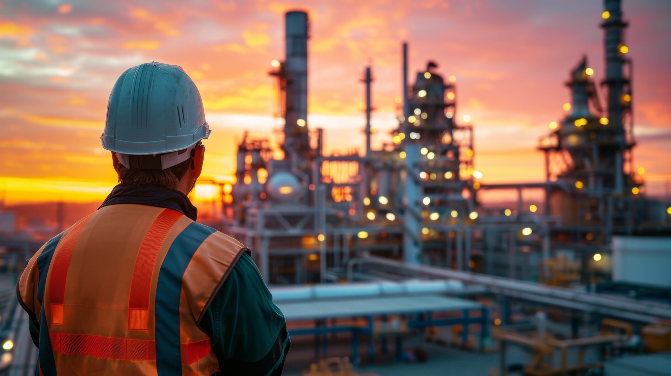 Industrial worker at sunset overlooking a chemical plant, symbolizing the energy sector and technological progress.