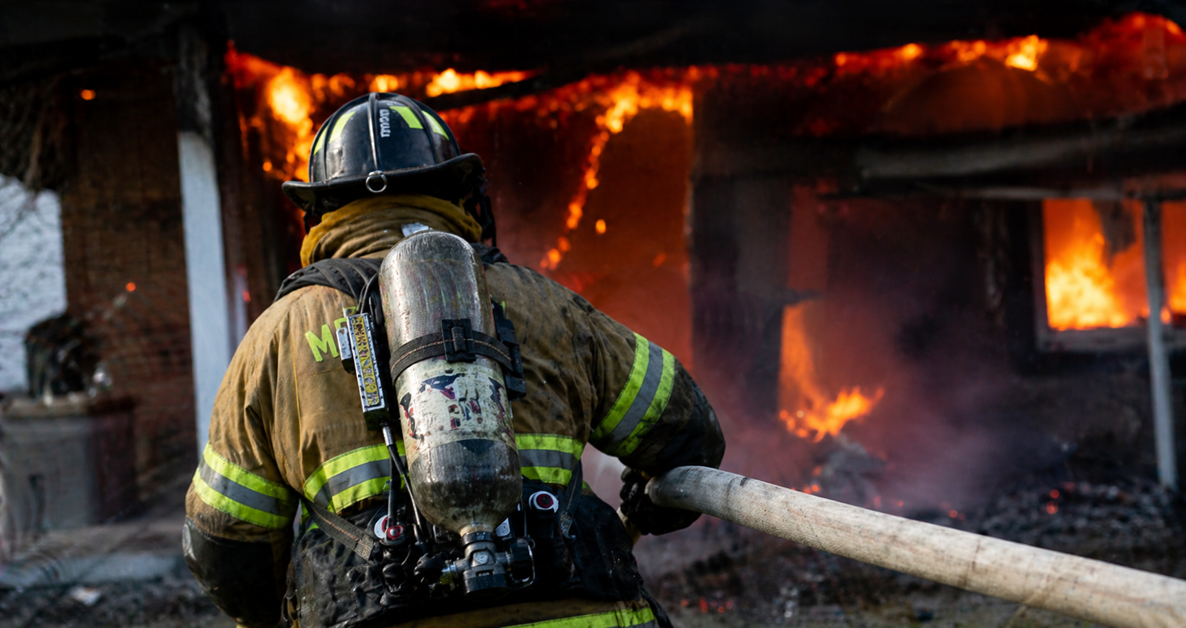 firefighter battling fire